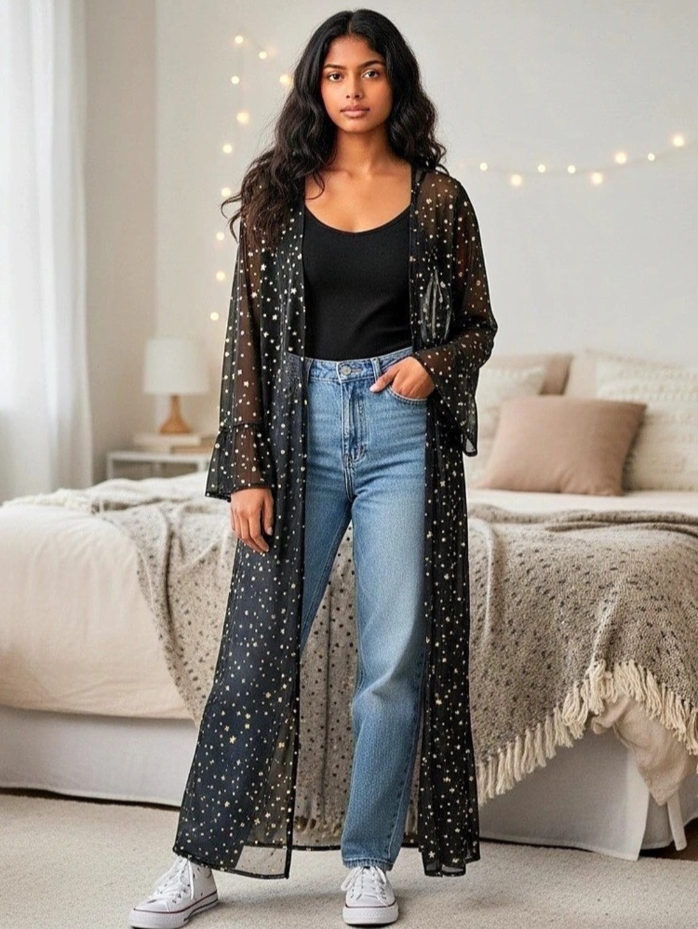 Boohoo Star Printed Flock Mesh Maxi Kimono Cardigan 
Black & Gold Size 12